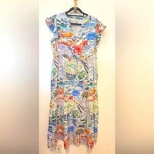 CHARLEE L TROPICAL BEACH Blue and Pink Resort Wear Midi Sundress